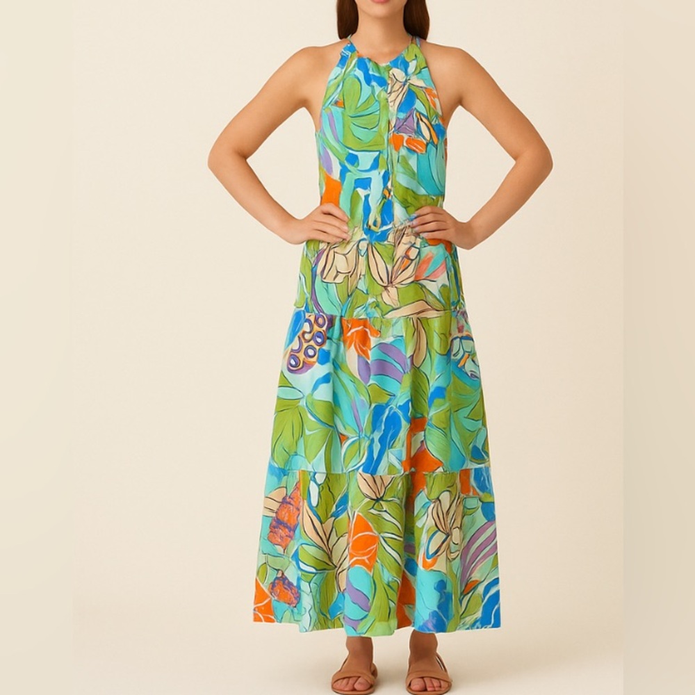Flora Bea halter tiered maxi dress, “Eleana” XS | 0885